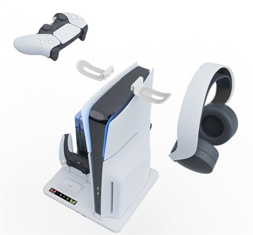 for PS5 Slim Cooling Station with Dual Controller Charger, for PS5 Slim Cooling Fan Vertical Stand LED Charging Station with 6 Game Disk Organizer, Headset Hook