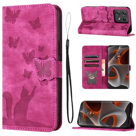 LSPCASA Housse Protection pour Motorola Edge 50 Pro 5G 6.7 Pouces Matériau en Cuir PU Coque Motorola Edge 50 Pro avec Fentes pour Cartes Motorola Edge 50 Pro Coque avec Longe Anti Perte Rose