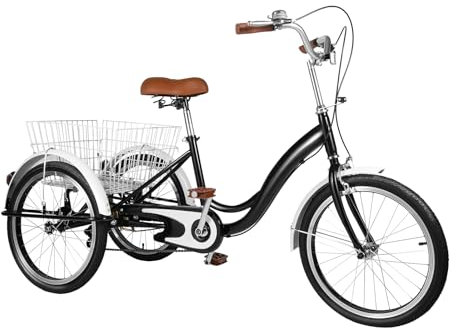 20 Zoll Dreirad für Erwachsene,Single-Speed Höhenverstellbar Mit Einkaufskorb Adults Dreirad Fahrrad,Stahlrahmen Schwammfüllung,Ausgestattet mit Einer Warnglocke,Geeignet Outdoor Shopping (Schwarz)