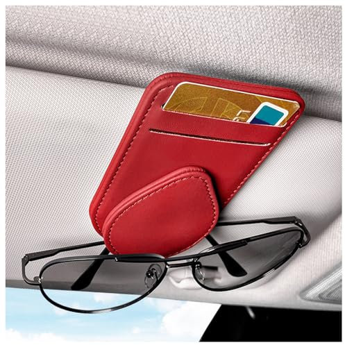 GTLM Magnetico Porta Occhiali Auto,Elegante Pelle Portaocchiali Auto con 2 Slot per Schede,Universale Multiuso Accessori Auto Interno per Riporre Occhiali,Occhiali da Sole,Carte (Rosso)