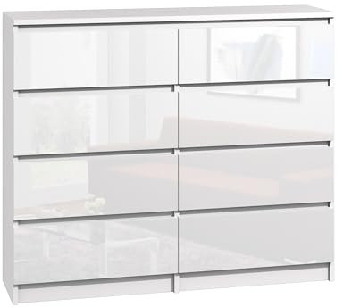 roe furniture Kommode mit 8 Schubladen - Modern Schubladenschrank - Komodenschrank - Schubladenkommode 120 cm Breit - Weiß Hochglanz