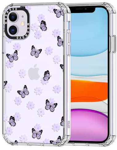 MOSNOVO Case for iPhone 11, [Buffertech 6.6ft Military-Grade Drop Protection] [Anti Peel Off Tech] Clear TPU Bumper Phone Case Cover Design - Lilac Butterfly