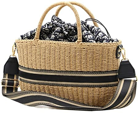ZACUNXY Strohtasche，Strohtaschen Damen Damen gewebte strohbeutel handgemachte Papier Seil gewebt Tasche Mode populär runde Square Feiertag Beach Tasche Frauen umhängetasche(LD1899)