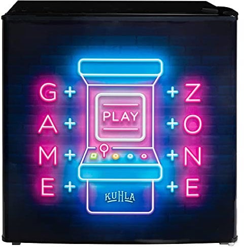 Kuhla Table Top Mini Fridge with Ice Box 45 Litre Adjustable Thermostat, Door Racks & Removable Shelf, Small Drinks Fridge Gamer Design Black KTTF0E6B-1019