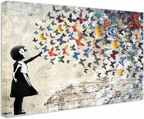 Kunstbruder Wandbilder Banksy girl with butterflies beige - Komplett Aufhängefertig, Street graffiti art, moderne Leinwand Mood bilder (40x60 cm)