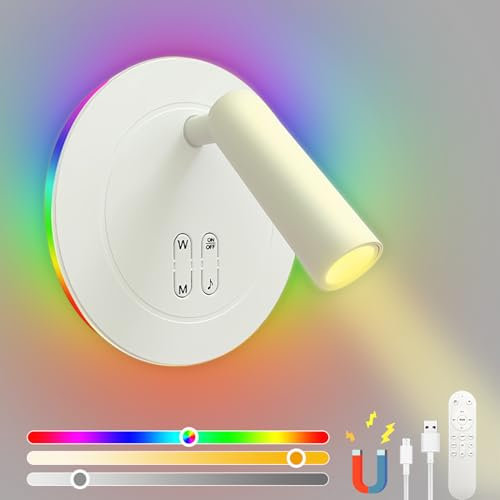 KZT Wandleuchte Dimmbar Innen RGB Wandlampe mit Fernbedienung 8W Bett Leselampe 350°/90° Drehbare Strahler Wandmontage Leselicht mit Schalter für Schlafzimmer Wohnzimmer 14cm,Weiß