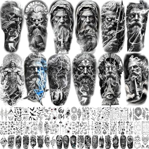 74 Sheets King Of The Greek God Zeus Temporary Tattoos For Women Men Adults Mythology, Realistic Black Poseidon Halloween Fake Tattoo Stickers Compass Tribal Totem, Temp Gothic Tattoo Lightning Bolt