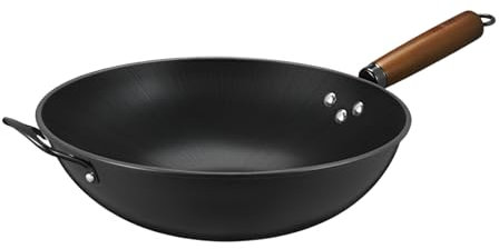 AIZYR Cast Iron Wok Pan Frying Pan, Chinese Wok Woks Pan with Wood Handle Uncoated Craft Kitchen Cooking Pan,32cm