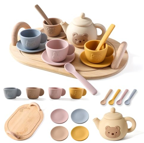 Tea Party Set for Little Girls 1-3 Kids Tea Set with Silicone Teapot Cups Coasters Carrying Scoop Wooden Tray, Kitchen Accessories Pretend Play for Girls Boys Age 3 4 5 (15 Pcs)