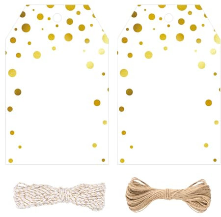 jijAcraft Geschenkanhänger mit Gold Foil Punkte: 8,5x5,5cm Weiß Papieranhänger zum Beschriften 100 Stück Papier Etiketten mit Loch und Schnur für Geburtstag DIY Weihnachten Geschenk