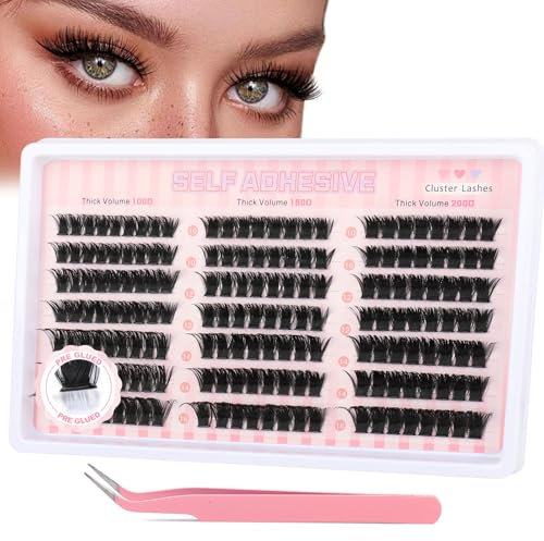 Glowing Win Pre Glued Cluster Lashes 175Pcs Self Adhesive Individual Eyelashes Kit with Tweezer No Glue Needed 100D-150D-200D Reusable Press-On Eye Lashes Volume Look Easy to Apply 10-16MM