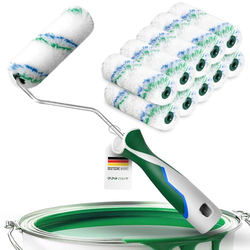 Lot de 10 rouleaux de peinture de 10 cm avec poils de 12 mm + support 3K | Rouleaux de peinture pour peinture murale, bords et travaux de détail | Outil de peinture professionnel pour l'intérieur et