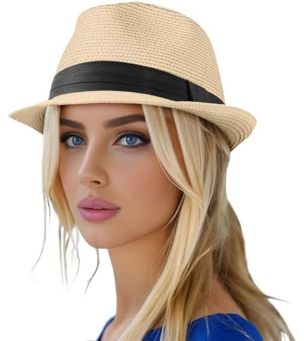Generisch Chapeau de Paille Femme Noir Chapeau Fedora en Paille pour Homme et Femme Chapeau Pliable à Bord Court Enroulé Panama Chapeau d'été Plage Chapeau de Soleil Fille Taille 52, beige, taille