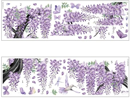YunBey Lila Wisterie Wandaufkleber, mit Schmetterling & Kolibri | Selbstklebende Blumensticker mit Schmetterlings- und Kolibrimotiven. Ideal für Schlafzimmer, Kinderzimmer & Wohnzimmer