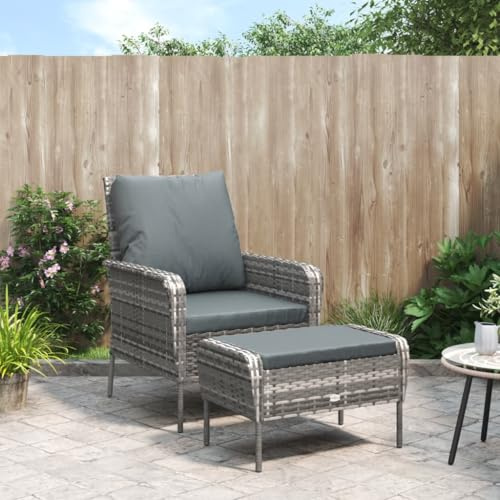 Holamys Gartenstuhl mit Fußhocker, Grau, Poly Rattan, wetterfest, Stahlrahmen, komfortable Polster, 110 kg Tragkraft, für Balkon, Garten und Terrasse