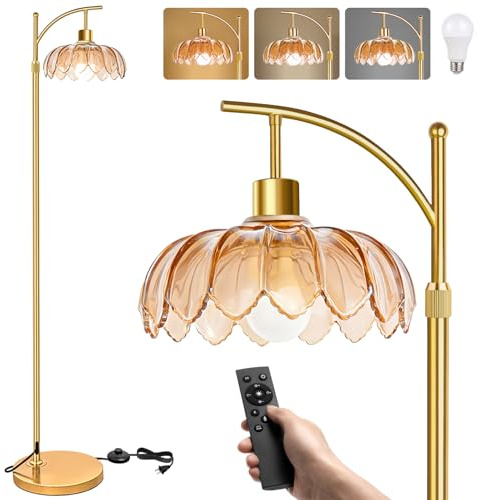 Stehlampe Wohnzimmer Vintage Gold Dimmbar mit Fernbedienung: Moderne LED Leselampe Messing Bogen für Schlafzimmer, Büro, Retro Klassische Design mit Braun Schirm, Boho & Mid Century Modern, Groß 175cm