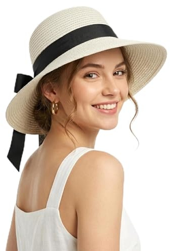 Ynport Crefreak Sombrero de Paja de ala Ancha para Mujer con Lazo Negro, Sombrero de Playa de Verano Plegable con Protección UV para Vacaciones, Viajes y Uso Diario