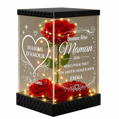 Rose Rouge Lumineuse personnalisée pour Maman- Cadeau Fête des Mères Original, Lanterne 4 Faces gravées avec Rose Rouge en Tissu et LED, prénom ou Message personnalisé