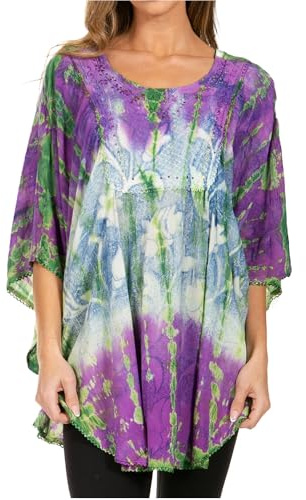 Sakkas 14031 - Ellesa Ombre Tie Dye Circle Poncho Bluse Shirt Top mit Pailletten Stickerei - Lila/Creme - OS
