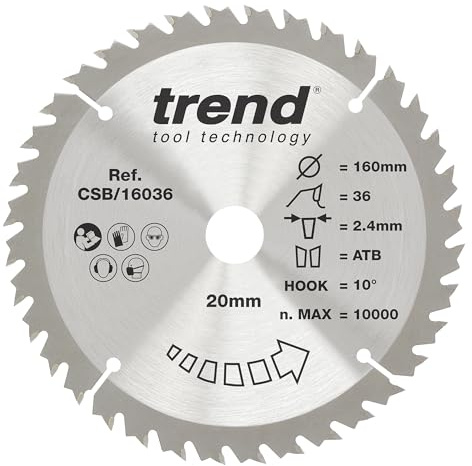 Trend 160mm TCT Wood Circular Saw Blade, 36T, 20mm Bore, 2.4mm Kerf | Provides Clean, Medium-Finish Cuts In Wood With 36 Teeth, 2.4mm Kerf And +10° Hook, CSB/16036