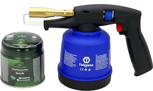 CAMPLORA Lötlampe inkl. 1 Stechkartusche 190g mit Piezozündung Lötbrenner Gasbrenner mit Kartusche Bunsenbrenner Werkstatt Gaslötkolben Brenner Abflammgerät gas blow torch bunsenbrenner küche