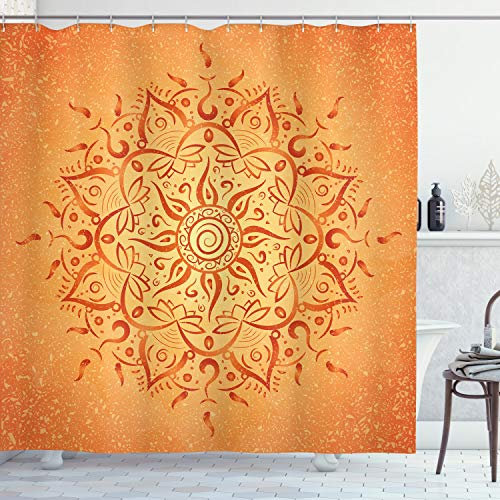 ABAKUHAUS Blatt Duschvorhang, Orange Mandala, Stoffliches Gewebe Badezimmerdekorationsset mit Haken, 175 x 220 cm, Orange