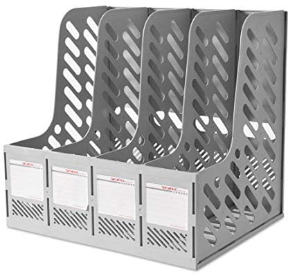 Marte Vanci Magazine File Holder, Plastic A4 Paper Organiser, 4 Vertical Slots Desk Document Folder Holder Book Rack for Office Desktop Bookshelf Cabinet Home School Storage with File Bag Grey