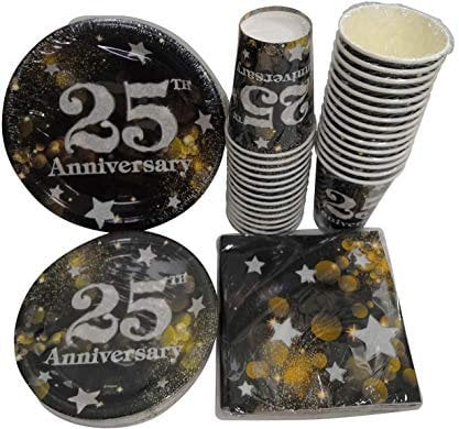 Serves 30 | Complete Party Pack | Happy 25th Wedding Anniversary | 9 Dinner Paper Plates | 7 Dessert Paper Plates | 12 oz Cups | 3 Ply Napkins | 25th Wedding Anniversary Party Theme