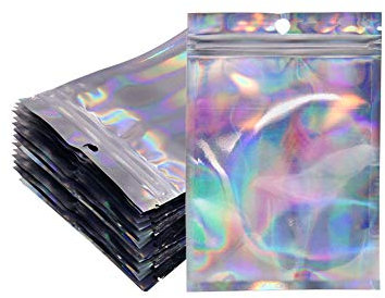 100pcs Holographic Mylar Zip Lock Bags Resealable 10.4 x 14.9 cm, Sealable Foil Sample Pouch Gift Baggies for Candy Snack Jewelry Lash Lip Gloss