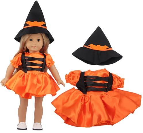 GIVBRO Puppenkleidung Halloween Outfits für 18 Zoll Puppen Dress Up Kostüm Zubehör - Hexenhut Kleid Spielzeug Dekorationen