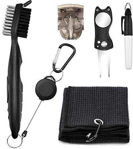 olyee Nettoyeur de balle de golf, accessoires de golf pour homme - Serviette de golf pour sacs de golf avec clip - Outil de réparation de marque de terrain - Kit de nettoyage de club sur sac avec