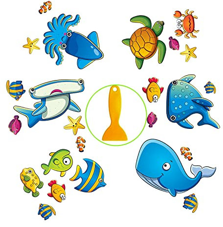 SHULLIN 6 Blätter Rutschfeste Badewannen-Aufkleber Anti-Rutsch Sticker mit Schaber Meerestiere Form selbstklebend Badematte rutschfest Badausstattung Cartoon-Aufkleber für Kinder(24pcsMeerestier)