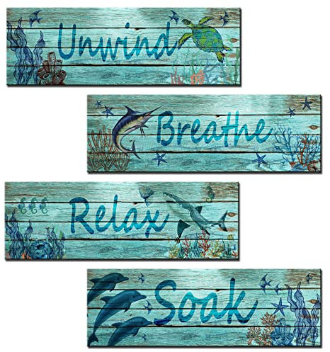Underwater World Holzschild 4 Stück Ozean Badezimmer Dekor Entspannen Einweichen Entspannen Atmen Wanddekoration Tropische Fische Holztafel Korallenriff Kunstwerk Hai Delfin Wandkunst Küche