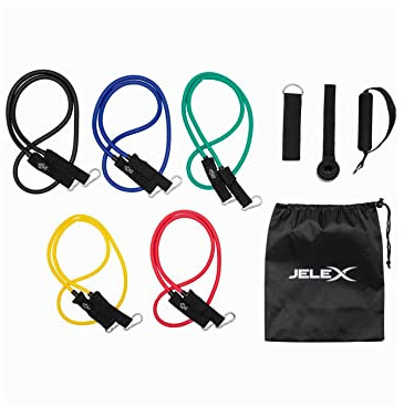 JELEX Fit Set Fitness Widerstandsbänder in verschiedenen Stärken 11-teiliges Set mit abnehmbaren Griffen und verschiedenen Halterungen, inkl. Aufbewahrungsbeutel, für Damen und Herren