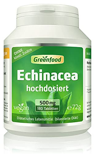 Echinacea, hochdosiert, 500mg - 180 Tabletten, vegan. Pflanzlicher Begleiter in der Grippezeit. Reines Naturprodukt. OHNE künstliche Zusätze - laborgeprüft. Von Greenfood.