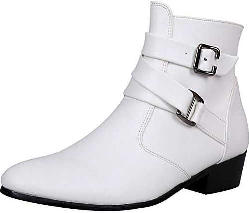wealsex Uomo Scarpe Eleganti Derby Stivali PU Pelle Cerniera Laterale Stivaletti (Bianco,42)