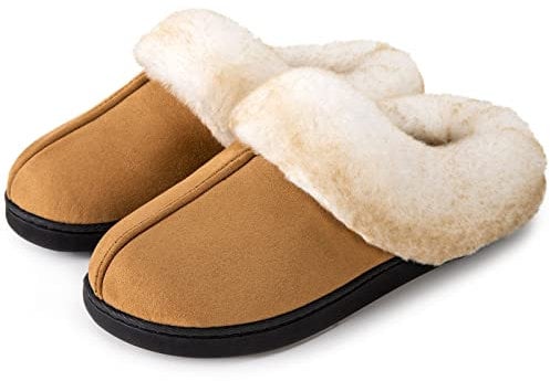 VeraCosy Women's Classic Suede Memory Foam Slippers Anti-Skid Scuff with Warm Faux Fur Collar, Black, 5/6 UK