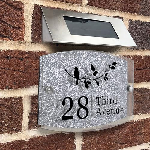 Modern House Sign Plaque Door Number | Personalised Glass Effect Acrylic Glitter Sign | Personalised House Number Hand Finished in UK (SILVER, Design C)