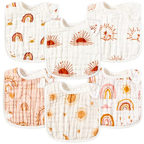 GROBRO7 6Pcs Regenbogen Baby Snap Lätzchen Baumwolle Neugeborenen Sabberlätzchen mit verstellbaren Druckknöpfen für Kleinkind Zahnen, weiche saugfähige Baby Geschenke, Maschine waschbar (0-36 Monate)