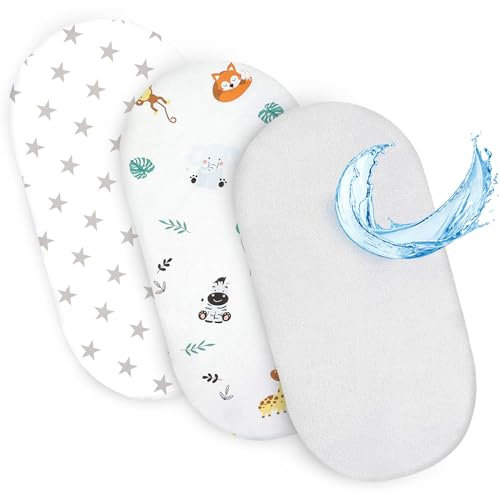 Spannbettlaken Kinderwagen Baby Spannbetttücher 3er Set: 75 x 35 cm - 2X Bettlaken + 1x wasserdichter Matratzenschoner - Babybett Zubehör für Kinderbett Beistellbett Stubenwagen