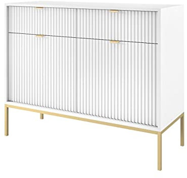 Mirjan24 Kommode Sivone Gold KSZ104 mit 2 Schubladen und 2 Türen, Schubladenkommode, Mehrzweckschrank, Anrichte, Wohnzimmerschränke, Highboard, Sideboard, Diele, Flur (Weiß/Weiß)