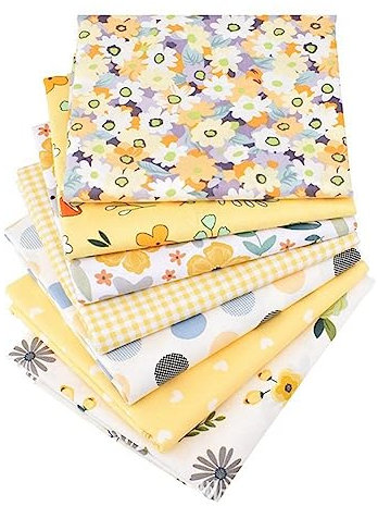 SHTGOI 7pcs Patchwork Baumwolle Stoffe Paket Gelb Stoffpaket Stoffreste Paket Handwerk Bedruckte Stoffstreifen Nähstoffe Meterware Baumwolltuch für Kleidung Bettwäsche Vorhänge Tischdecken 50 * 40cm
