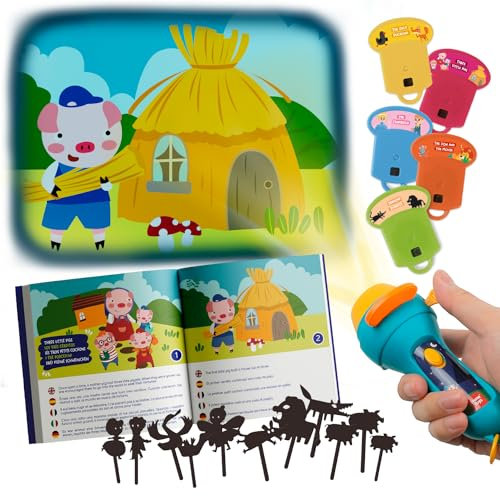 Nene Toys Livre de Contes Interactif avec Projecteur & Marionnettes d'ombres pour Enfants 3+ Ans - Histoires Envoutantes & Jeu Théâtral - 5 Langues - Idéal pour Histoires du Soir