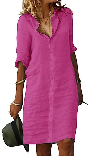 Fronage Vestido camisero casual de lino y algodón para mujer, con botones, manga larga, solapa, cuello en V, vestido midi de verano con bolsillos, Rosa fucsia (2-hot pink), Large