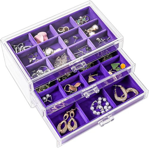 ProCase Acryl Schmuck Organizer Schmuckschatulle für Damen Durchsichtige Schmuckaufbewahrung Schmuckkästchen Schmuckbox mit 3 Schubladen für Ohrringe, Ringe, Armbänder -Lila