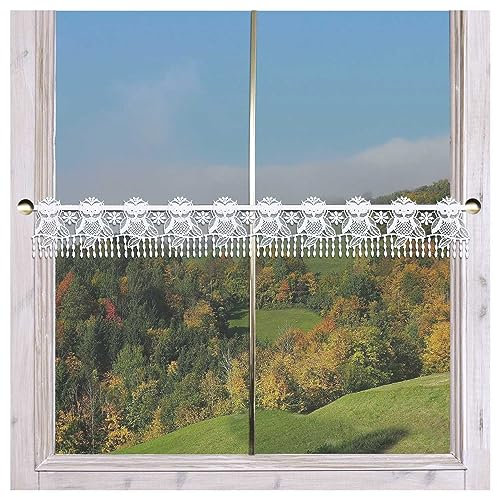 Feenhaus-Stangendeko kleine Eulen Plauener Spitze Herbst-Gardine mit niedlichem Tiermotiv weiß 11 x 80 cm