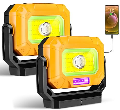 Keadeso Lot de 2 lampes de travail LED avec 7 modes d'éclairage, 1500 lumens, lampe de travail rechargeable avec support magnétique rotatif à 360 °, petite lampe de mécanicien COB étanche avec crochet