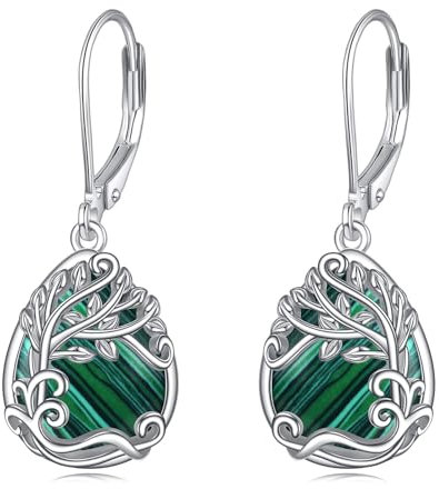 Baum des Lebens Malachit Ohrringe für Damen 925 Sterling Silber Lebensbaum Tropfen Ohrringe Leverback Schmuck Geschenke (AA-Baum des Lebens Malachit)