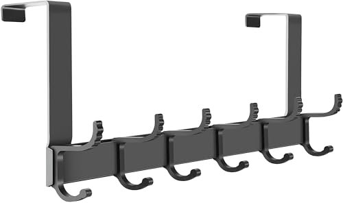 NPFVKSA Over The Door Hanger-6 Double Hooks, Adjustable Over Door Hooks, Suitable for Clothes, Hats, Keys, Towel (Dark Grey)