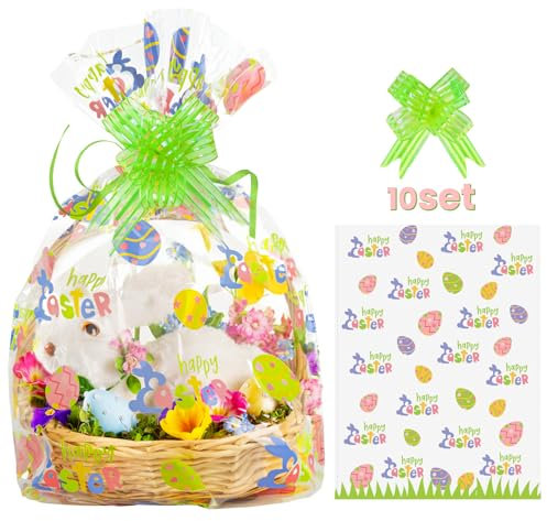 WeDoSoy 10 Pcs Easter Basket Bags, 22x32 Inch Large Cellophane Bags with 10 Pcs Pull Bow - Cello Basket Bags Easter Egg Pattern Wrap Bags, Cellophane Wrapping for Gift Packaging Party Decorations